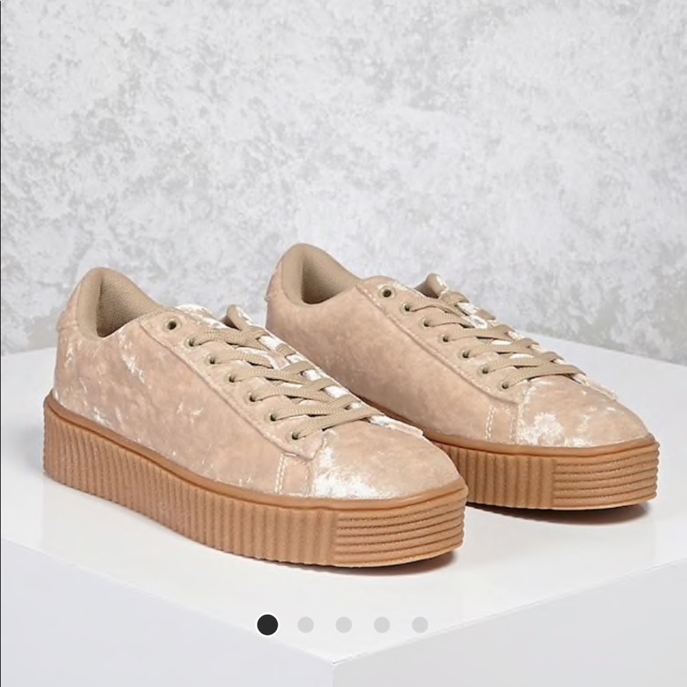 crushed velvet beige platform sneakers